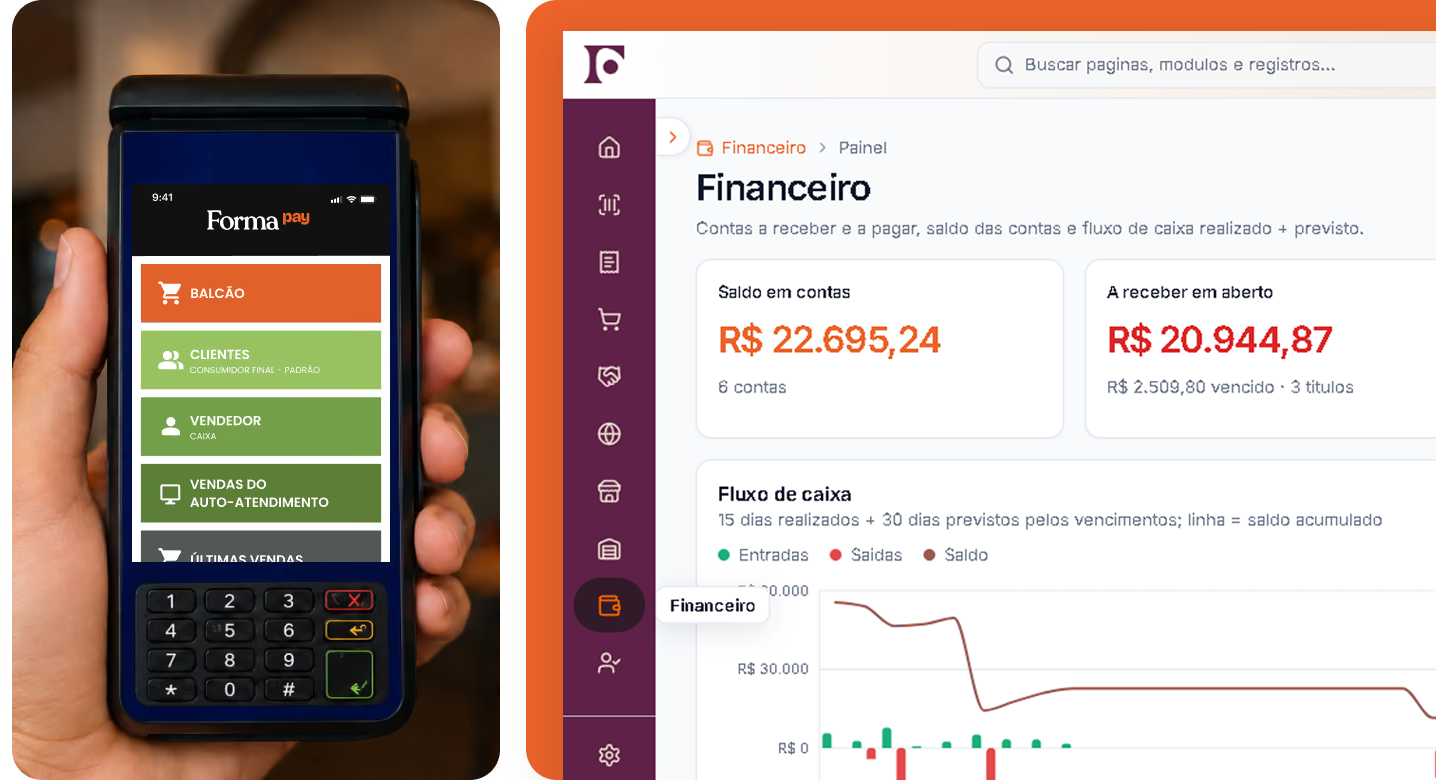 Card machine running the Forma Pay app at the counter and the Forma Varejo finance dashboard with account balance and cash flow