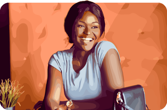 Smiling store owner sitting at a café table
